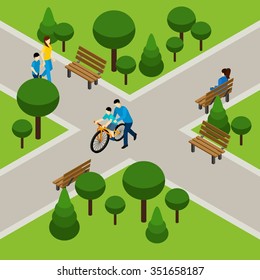 Father and son on bicycle in park isometric vector illustration