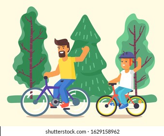 Father and son on bikes, characters riding on bicycle in forest or park vector. Family on cycles, parents and kid cycling. Sport and outdoor activity, exercising and healthy lifestyle illustration