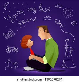 Father and son on blue background. Father's day vector illustration