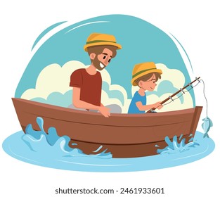 Father and son on a boat fishing, vector illustration celebrating Father's Day.