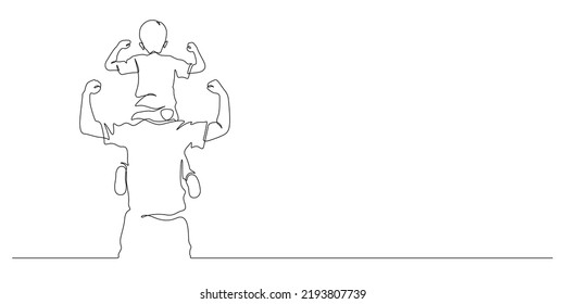 father and son on his shoulders piggyback with arm raised healthy pose vector illustration. Continuous line drawing