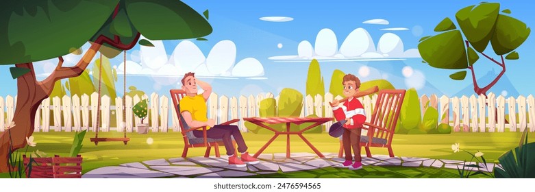 Vater und Sohn auf Haus Hinterhof Garten Cartoon Vektorgrafik. Sommergarten-Terrassenlandschaft mit Zaun, Stuhl und Tisch für die Familie. Sunny Day Nachbarschaft Umgebung für Spiel Illustration