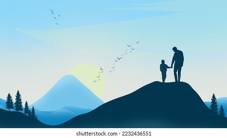 Father and Son on mountain peak with open arms welcoming a new day with sunrise and beautiful view. Vector illustration Backround and Copy Space Area.