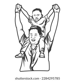 A father and a son on the shoulder, father,s day black and white vector design