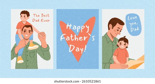 Father with son on shoulders, father reading book with daughter. Heart with Happy Father's Day text. Set of family illustrations with greetings. Flat vector design for card, banner, print.
