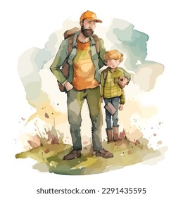 Vater und Sohn im Sommer wandern BergwasserfarbIllustration für Vatertag