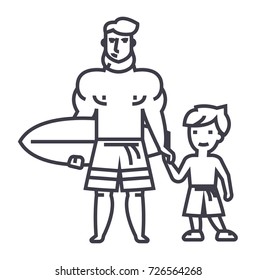 father with son on vacation with surfing board vector line icon, sign, illustration on background, editable strokes