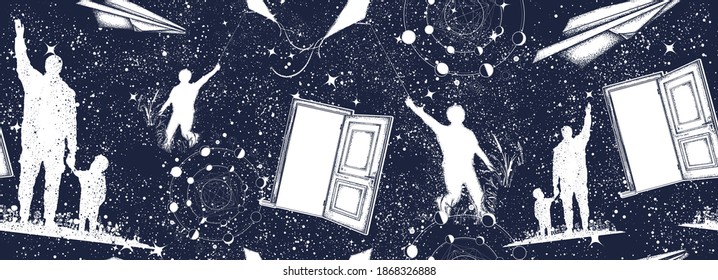 Father And Son, Open Door In Universe. Symbol Of Childhood, Imagination, Immortality, Creativity. Seamless Pattern. Black And White Surreal Graphic 