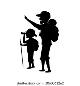 father and son outdoors, boy and man camping hiking traveling with backpacks isolated cartoon vector illustration silhouette scene