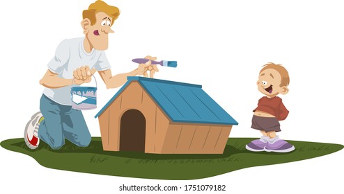Father and son painting a dog kennel. Stock Illustration.