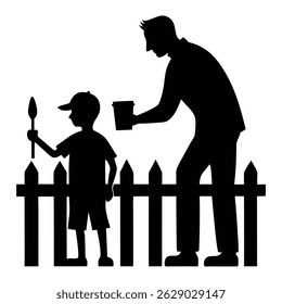 Father and Son Painting Fence Family Fun Silhouette