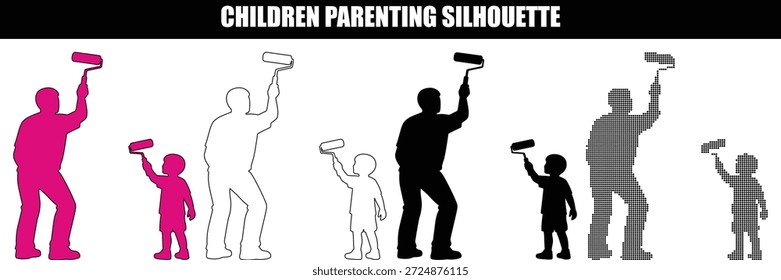 Pai e filho pintando uma parede com rolos silhuetas definidas para renovação