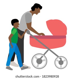 Padre e hijo.  Padre cuidando del bebé en un coche de bebé.  Ilustración vectorial.