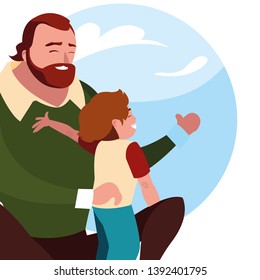 father and son with pattern of sky clouds