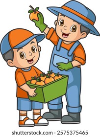 father and son picking fresh oranges of illustration