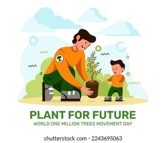 Father and son plant a tree for future. One million trees movement
