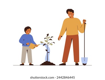 Father and son plant young tree in the ground. Happy man and small boy watering sapling outside together.  Green ecology and environment forest conservation concept. Vector illustration