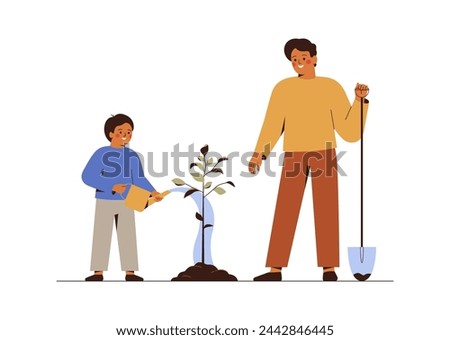 Father and son plant young tree in the ground. Happy man and small boy watering sapling outside together.  Green ecology and environment forest conservation concept. Vector illustration