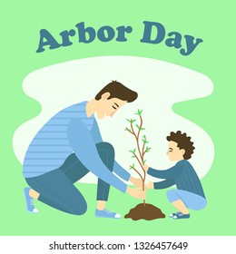 Father and son planting tree. Arbor Day or Earth Day. Vector flat cartoon illustration