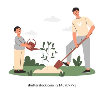 Father and son planting tree concept. Parent and child take care of nature or environment and water plants. Conservation of planet biological diversity. Cartoon modern flat vector illustration