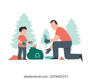 Father and son planting a tree. Flat vector illustration isolated on white background for sustainable practice concept.
