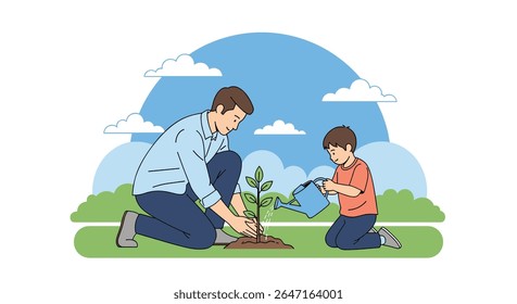 Father and Son Planting a Tree Together Outdoors