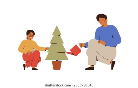 Father and son planting young fir in the pot. Man and small boy watering festive tree after Christmas outside together. Reuse xmas tree and reforest conservation concept. Vector illustration