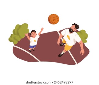 Padre e hijo juegan vista Aéreas. Padres y niños lanzan al aire y atrapan la pelota. Chico, el niño se divierte con su papá. La familia pasa tiempo juntos. Ilustración vectorial aislada plana sobre fondo blanco