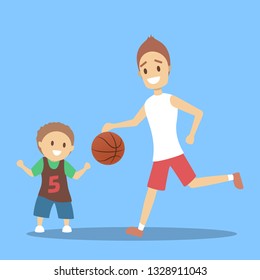 Father and son play basketball. Family activity, sport training. Dad and child spend time together. Smiling parent teach kid. Isolated flat vector illustration