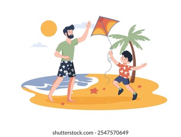 Un padre y su hijo juegan en la playa con una cometa. El hijo corre alegremente mientras el padre saluda. Ilustración vectorial