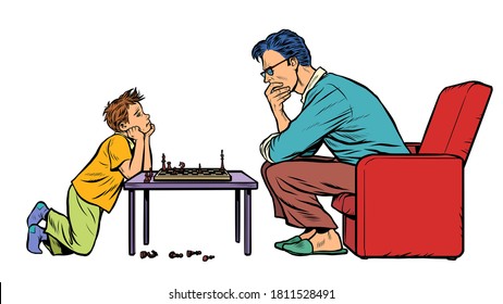 father and son play chess. Pop art retro vector illustration 50s 60s style