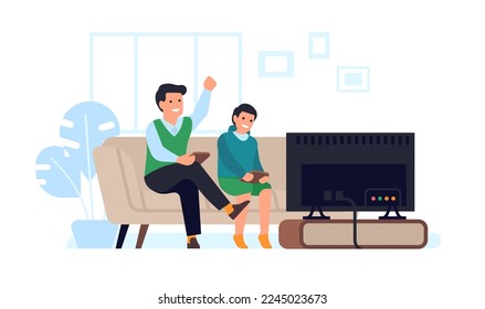 Father and son play computer games on TV console. Dad with boy relax together at home. People sitting on sofa. Video gaming with child. Family relationship. Vector