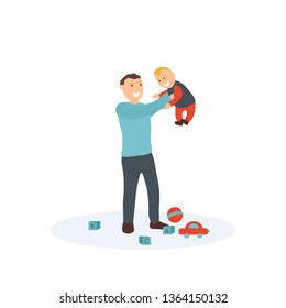 Father and son play. Dad throws up baby. Daddy holds a small child in his arms. Vector flat colorful illustration for your presentation greeting card, poster, banner. 