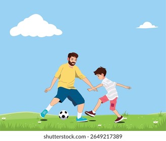 Pai e filho jogam futebol americano em campo ao ar livre. Papai e criança correm no estádio do parque. Homem e garotinho jogando futebol no ensolarado dia de verão. Esporte ativo saudável para jovens famílias.