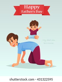 Father and son play the horse riding game, Vector illustration.