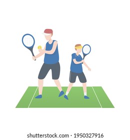 Father and son play sports and do activity together in holiday,support learning and confident assertiveness in children,Develop ability talent in future,vector illustration.