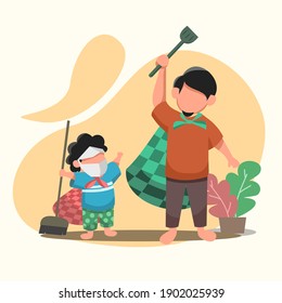 Father and son play together. Father tell a story about hero and the monster to his child or son.