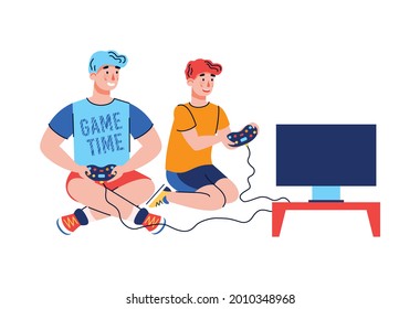 Father and son play video games on a video game console. Happy family has fun at their leisure, on weekends or in quarantine. Cartoon vector isolated illustration.