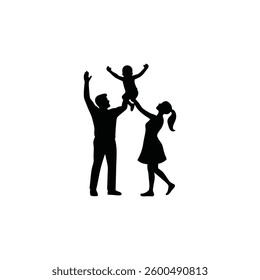 A father and son playfully kicking a soccer ball, sharing a joyful moment of bonding during an afternoon game, depicted in bold black silhouettes against a simple white background.","The image showcas