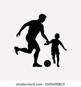 A father and son playfully kicking a soccer ball, sharing a joyful moment of bonding during an afternoon game, depicted in bold black silhouettes against a simple white background.","The image showcas