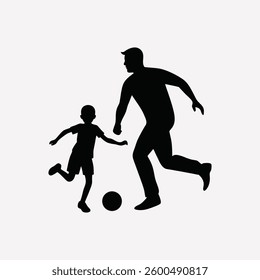 A father and son playfully kicking a soccer ball, sharing a joyful moment of bonding during an afternoon game, depicted in bold black silhouettes against a simple white background.","The image showcas