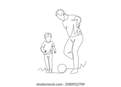 Father and son playing ball. Father and son concept one-line drawing