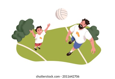 Father and son playing with ball. Dad spending time with child. Happy daddy and kid resting together outdoors on summer holiday. Flat vector illustration of parent and boy isolated on white background