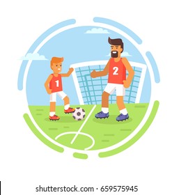 Father and son playing with ball on football field isolated in round circle. Family sport happy fathers day poster with son and dad play outdoor games