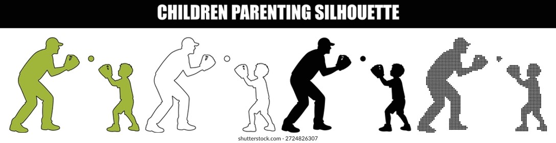Pai e filho jogando beisebol pegar silhueta definido em quatro estilos gráficos: verde plano, contorno, preto sólido e pixelated arte de meio-tom.