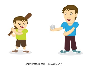 Father and son playing baseball together showing the strong bonding between them. Suitable for fathers day celebration. Vector cartoon illustration .