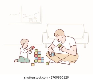 Padre e hijo jugando con bloques. Ilustración vectorial original dibujada a mano.