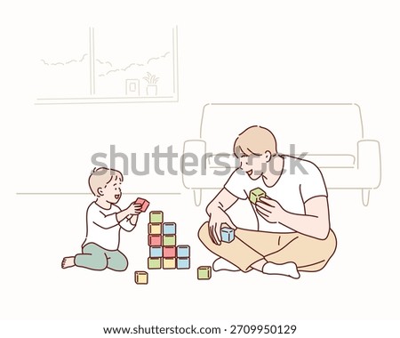Father and son Playing with Blocks. Original vector illustration drawn by hand.