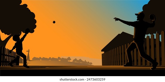 A father and son are playing catch together, throwing a baseball back and forth. It's Father's Day.