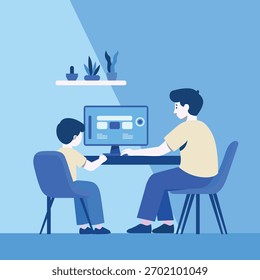 Father and son playing a computer together at a desk.